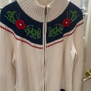 Talbots Cream Zip Front Cardigan with Navy Yoke and Red Floral Embroidery